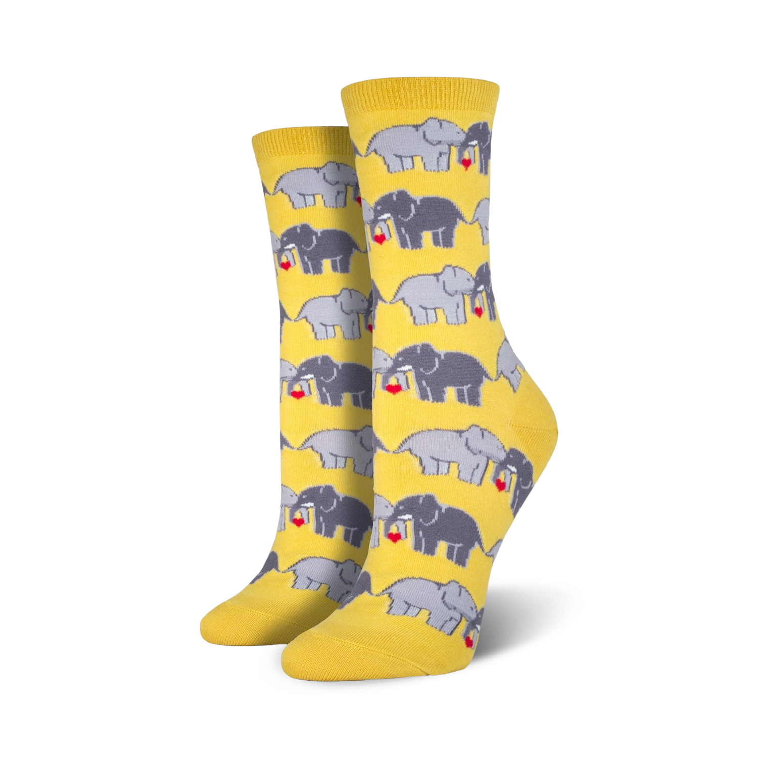 Pair of women's crew socks in yellow and grey, featuring a repeating pattern of elephants playfully holding hearts.