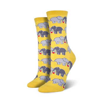 yellow crew socks with gray elephants holding red hearts. women's sock size.  