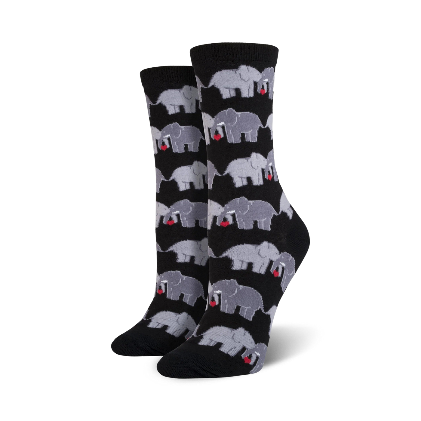 Close-up shot of a pair of black crew socks with a pattern of grey elephants holding hearts.