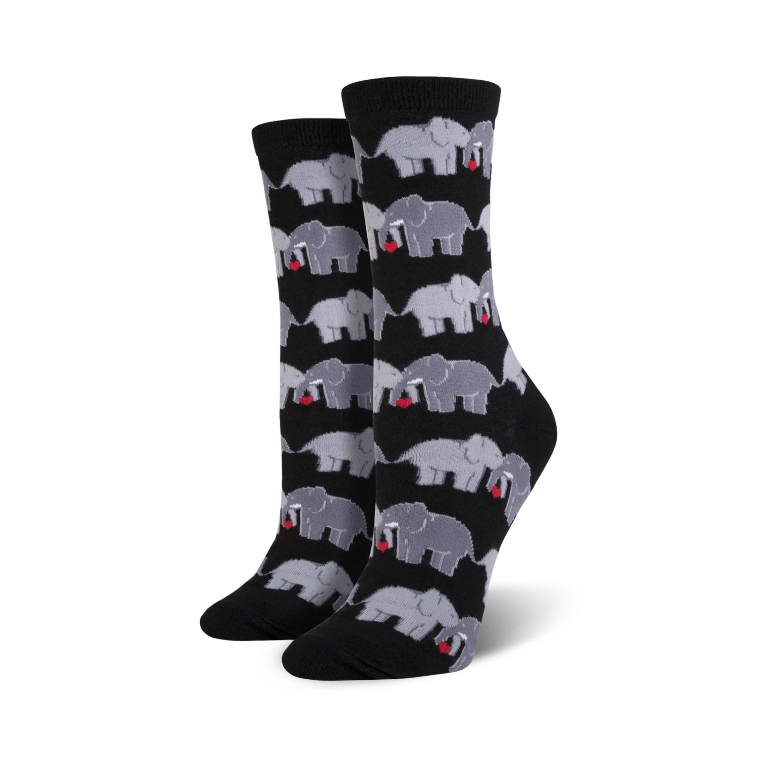 Close-up shot of a pair of black crew socks with a pattern of grey elephants holding hearts.