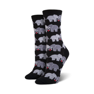 novelty women's crew socks in black with gray elephants holding red hearts in their trunks.   