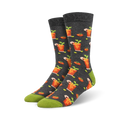 Pair of crew socks with a bloody mary cocktail design.  The socks are dark gray with orange and green accents. 