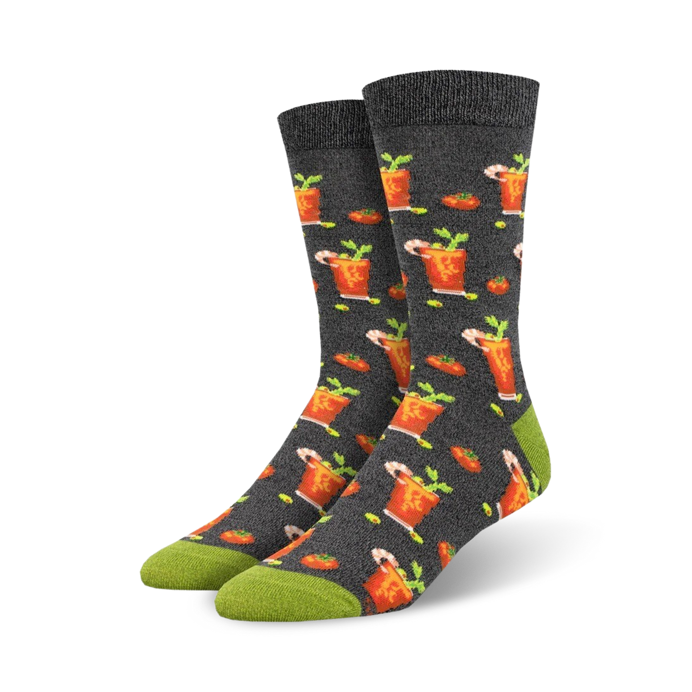 Pair of crew socks with a bloody mary cocktail design.  The socks are dark gray with orange and green accents. 