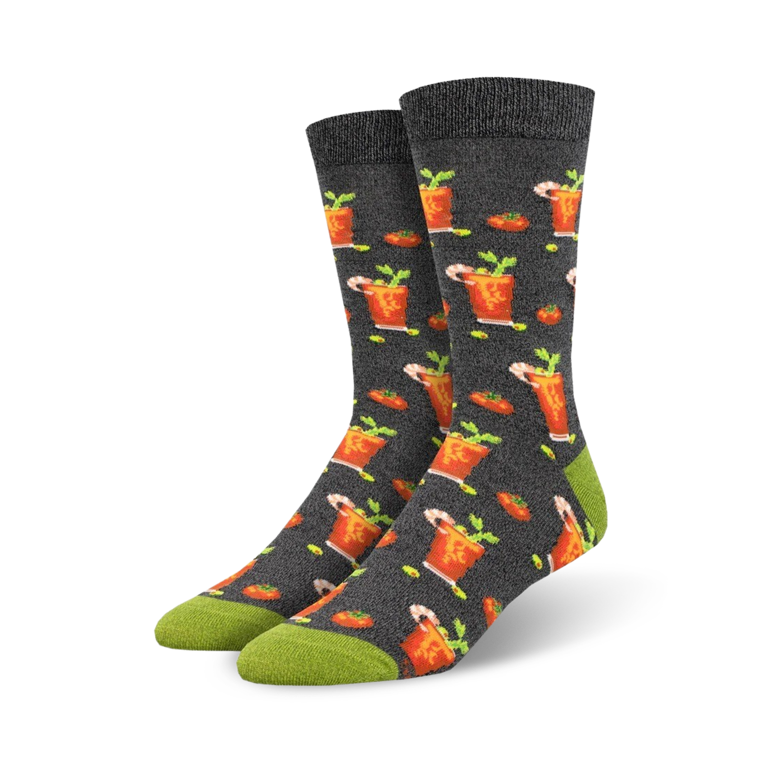 Pair of crew socks with a bloody mary cocktail design.  The socks are dark gray with orange and green accents. 