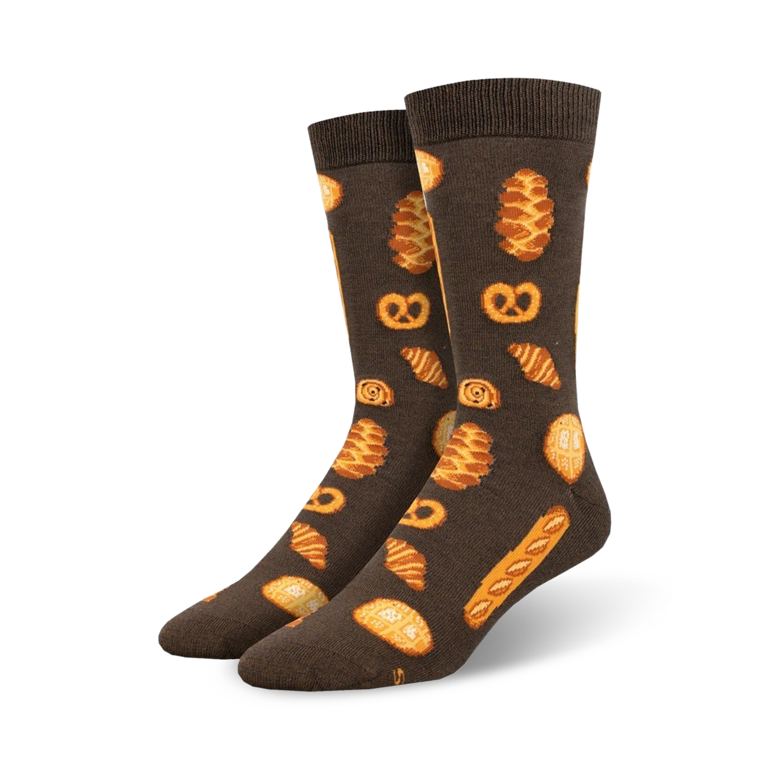 Pair of dark brown crew socks with illustrated pastries: croissants, pretzels, and bread rolls in golden brown hues.