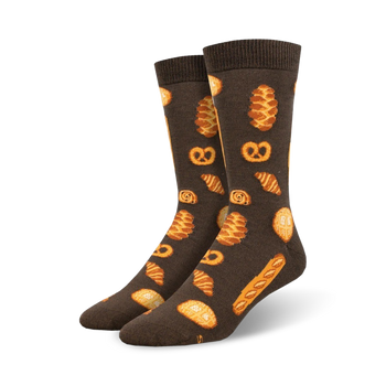 grey crew socks for men with orange and yellow bakery-themed crew socks with croissants, pretzels, bread, and other pastries   