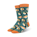 Pair of teal crew socks with an all-over print of various sushi rolls, nigiri, and wasabi. Orange cuffs add a pop of color.