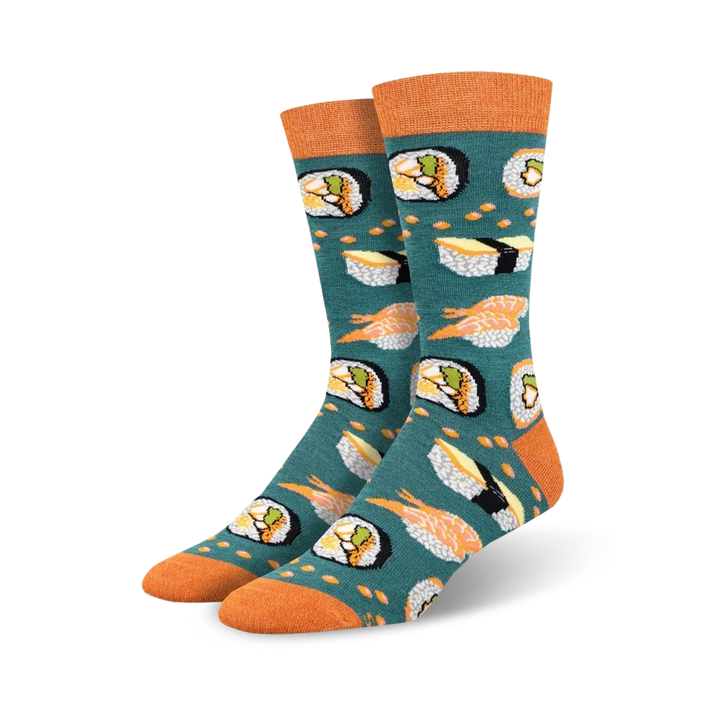Pair of teal crew socks with an all-over print of various sushi rolls, nigiri, and wasabi. Orange cuffs add a pop of color.