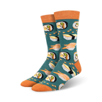 Pair of teal crew socks with an all-over print of various sushi rolls, nigiri, and wasabi. Orange cuffs add a pop of color.