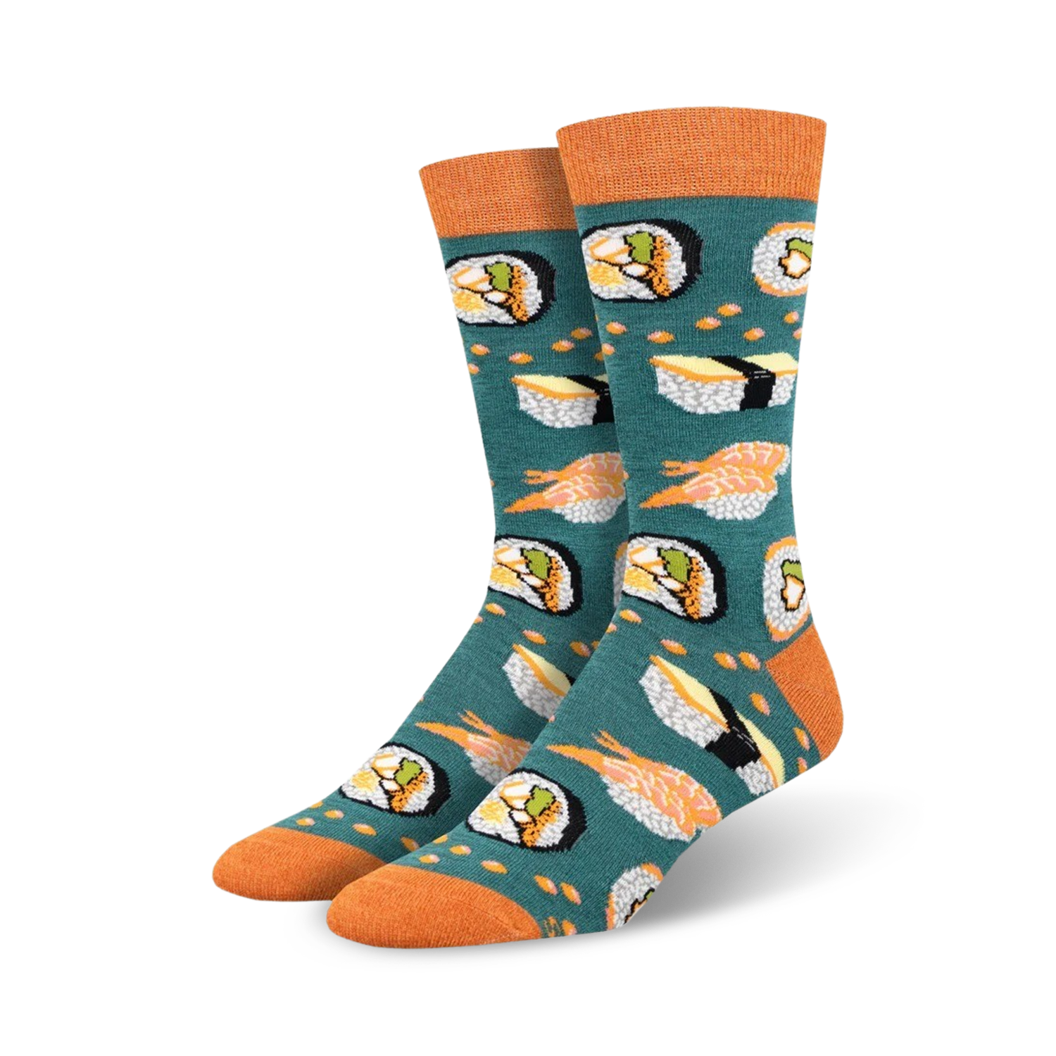 Pair of teal crew socks with an all-over print of various sushi rolls, nigiri, and wasabi. Orange cuffs add a pop of color.