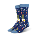 Pair of crew socks in navy blue with a fun ramen noodle design. Features eggs, shrimp, chili peppers, and lime wedges.