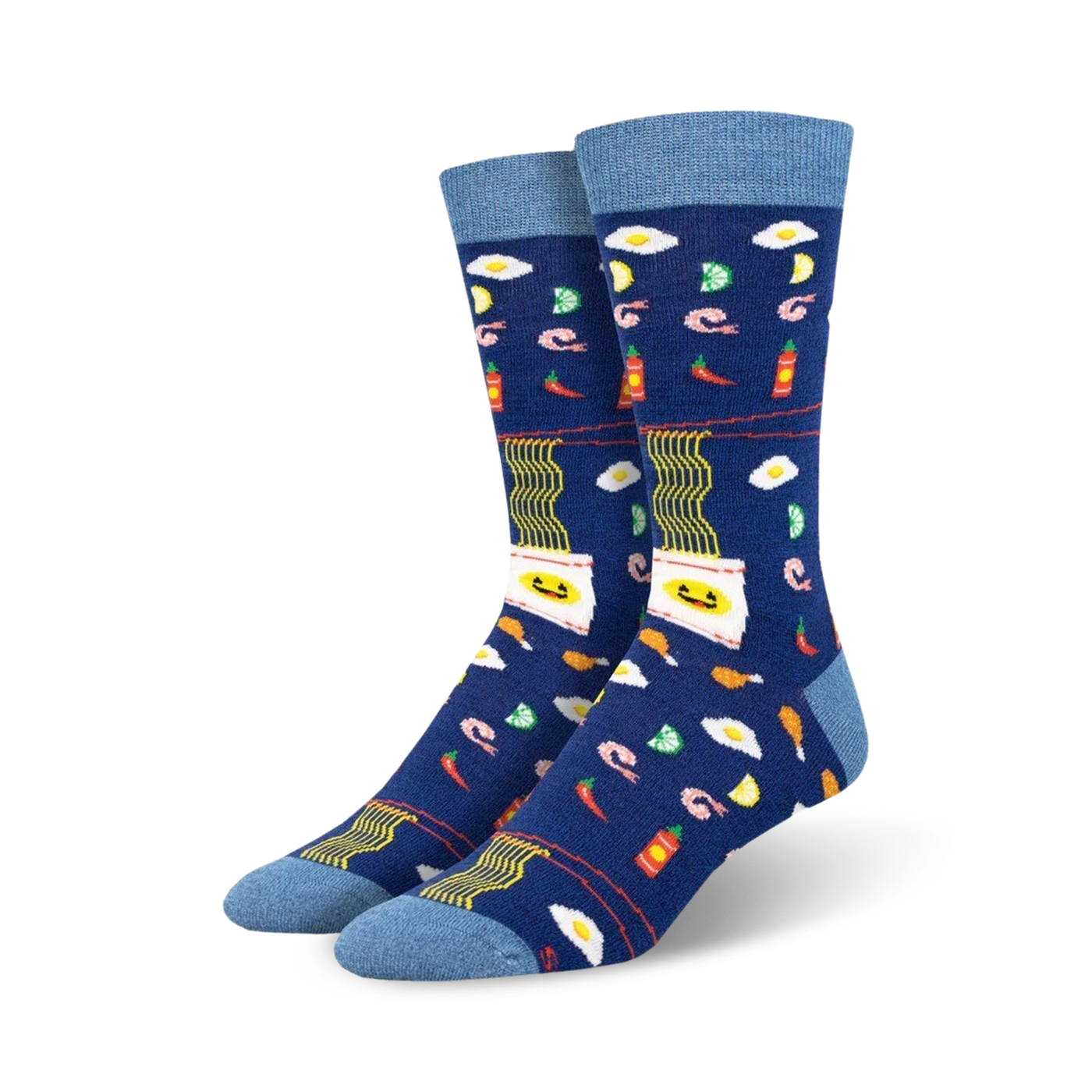 Pair of crew socks in navy blue with a fun ramen noodle design. Features eggs, shrimp, chili peppers, and lime wedges.