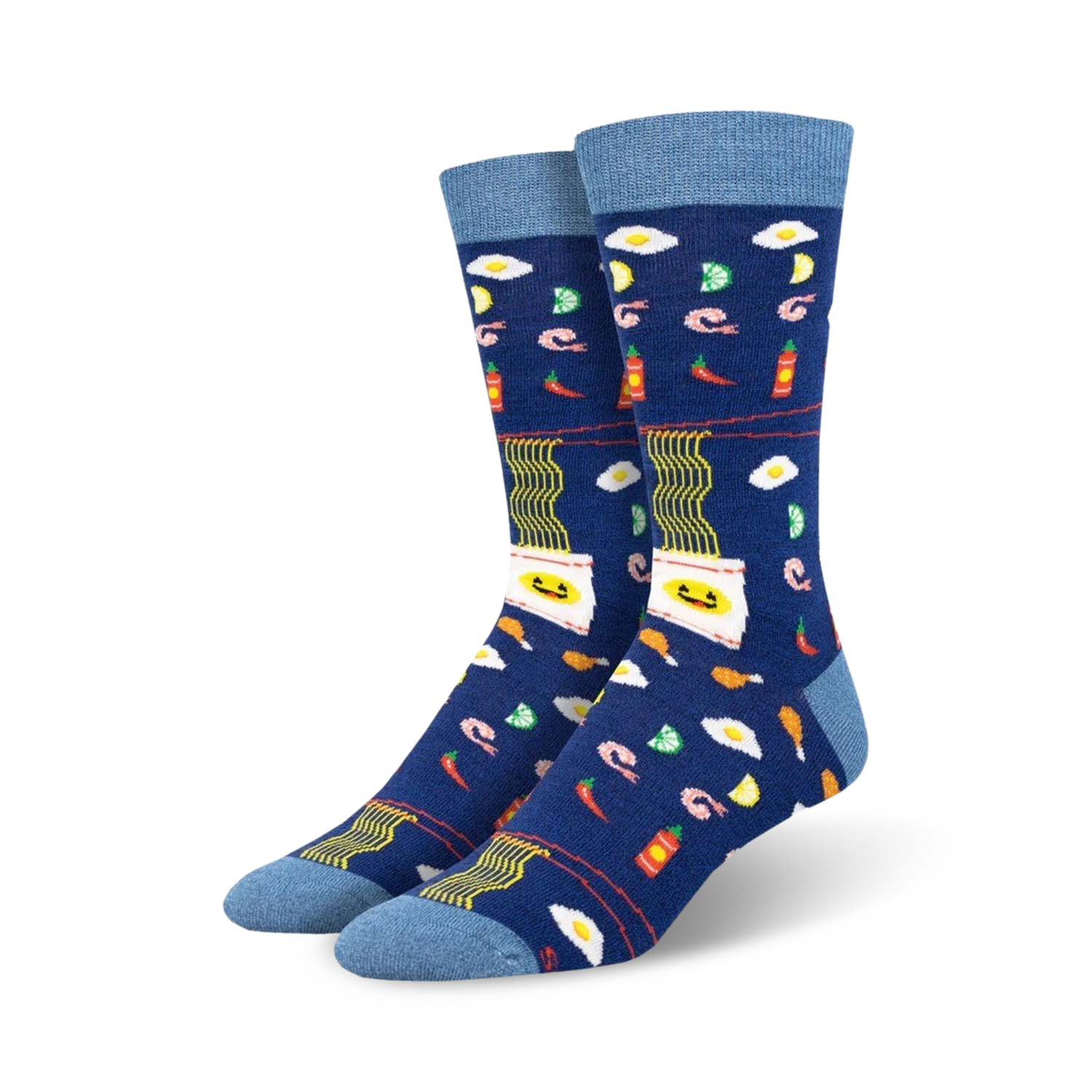 Pair of crew socks in navy blue with a fun ramen noodle design. Features eggs, shrimp, chili peppers, and lime wedges.