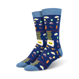 mens blue crew socks with pattern of ramen noodles, eggs, shrimp, green onions and chili peppers.   