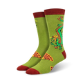 Pair of crew socks in olive green and maroon.  Features a colorful dragon and hand fan design.