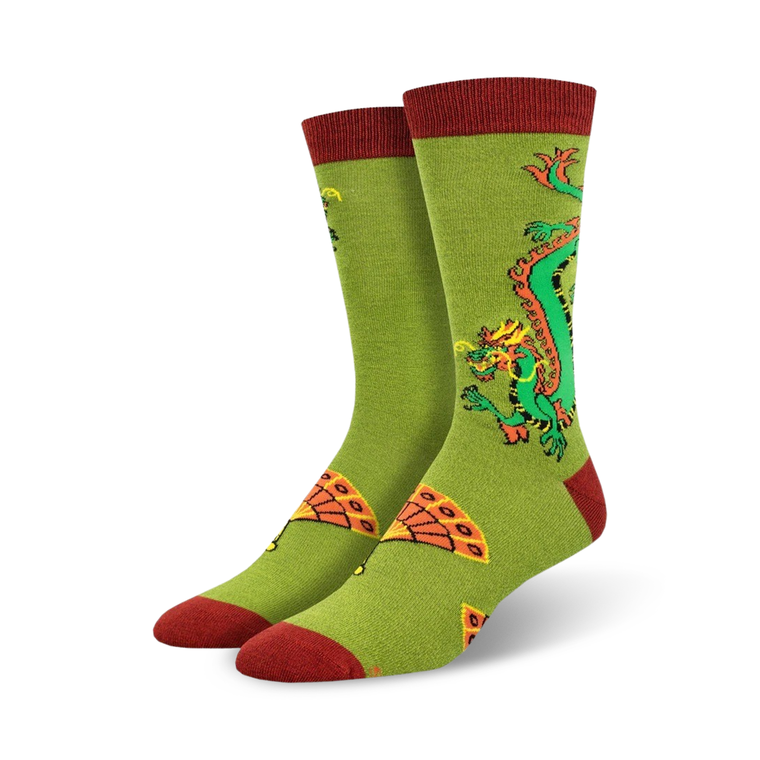 Pair of crew socks in olive green and maroon.  Features a colorful dragon and hand fan design.