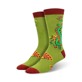 green socks with red, orange, yellow, and black dragons breathing fire that resemble pepperoni pizza slices.   