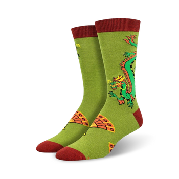green socks with red, orange, yellow, and black dragons breathing fire that resemble pepperoni pizza slices.   