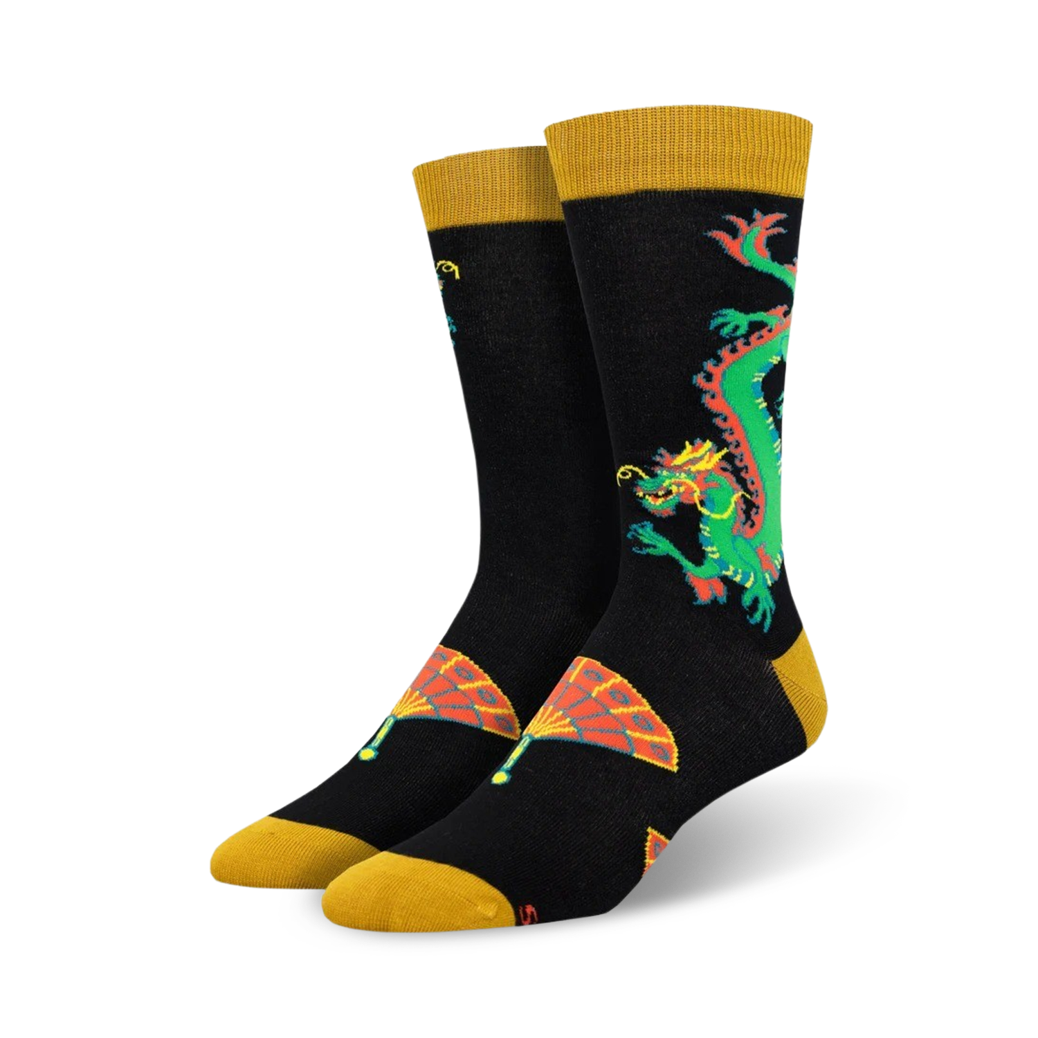 Close-up of black crew socks with a gold cuff, showcasing a detailed dragon and fan design.