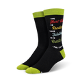 Pair of black crew socks with lime green cuffs.  A rainbow-colored quote by Abe Lincoln is printed on the socks.