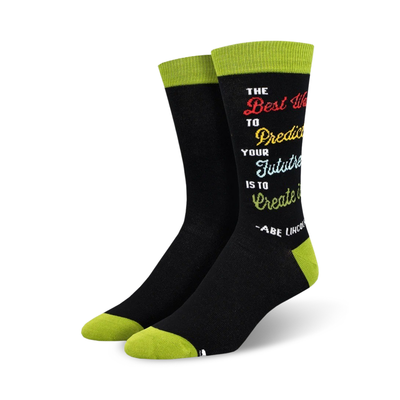 Pair of black crew socks with lime green cuffs.  A rainbow-colored quote by Abe Lincoln is printed on the socks.