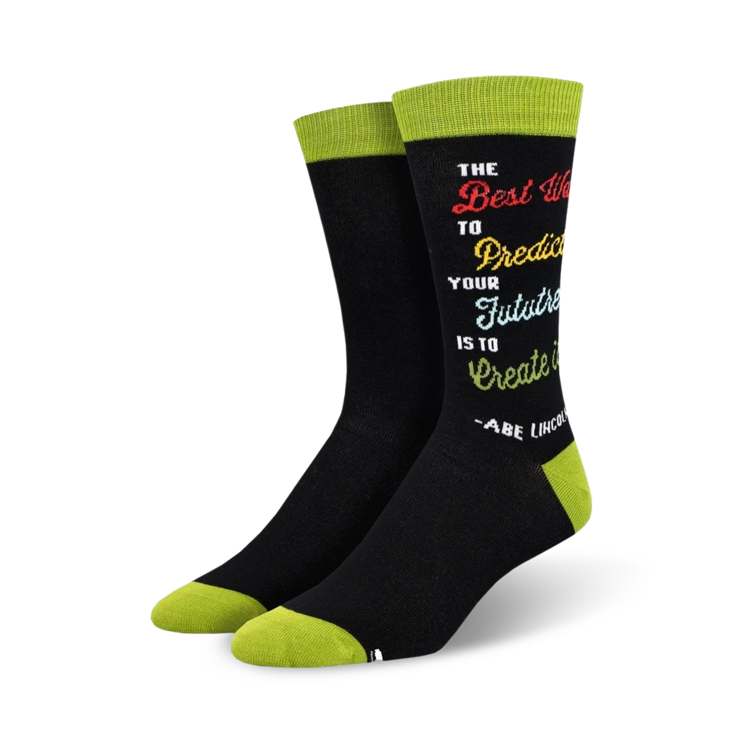 Pair of black crew socks with lime green cuffs.  A rainbow-colored quote by Abe Lincoln is printed on the socks.