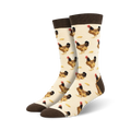 Cream-colored crew socks with brown chickens and tan accents.  A fun, quirky design.