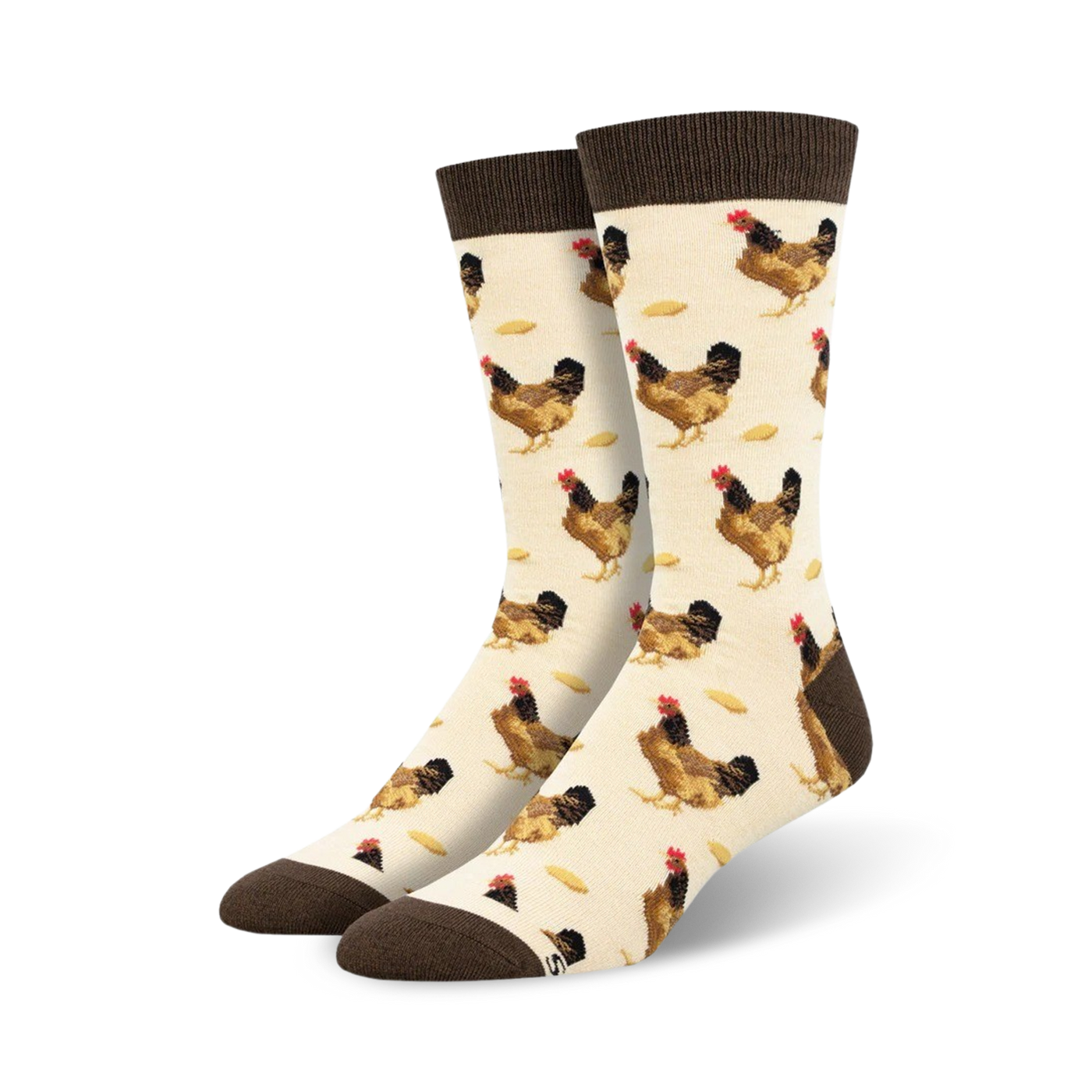 Cream-colored crew socks with brown chickens and tan accents.  A fun, quirky design.