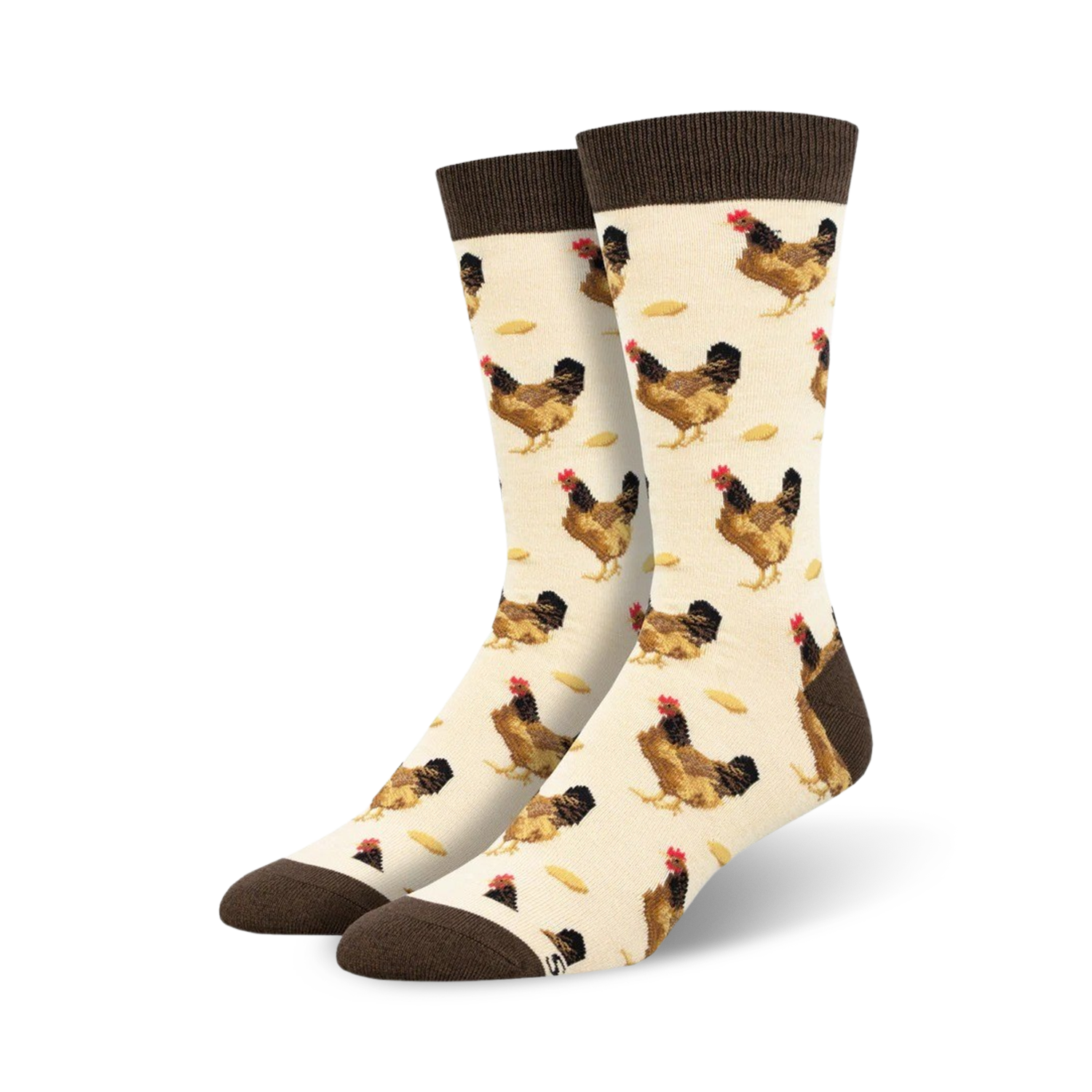 Cream-colored crew socks with brown chickens and tan accents.  A fun, quirky design.