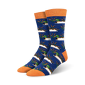 Pair of blue crew socks with an orange cuff.  The socks feature a repeating pattern of mallard ducks in a pond.