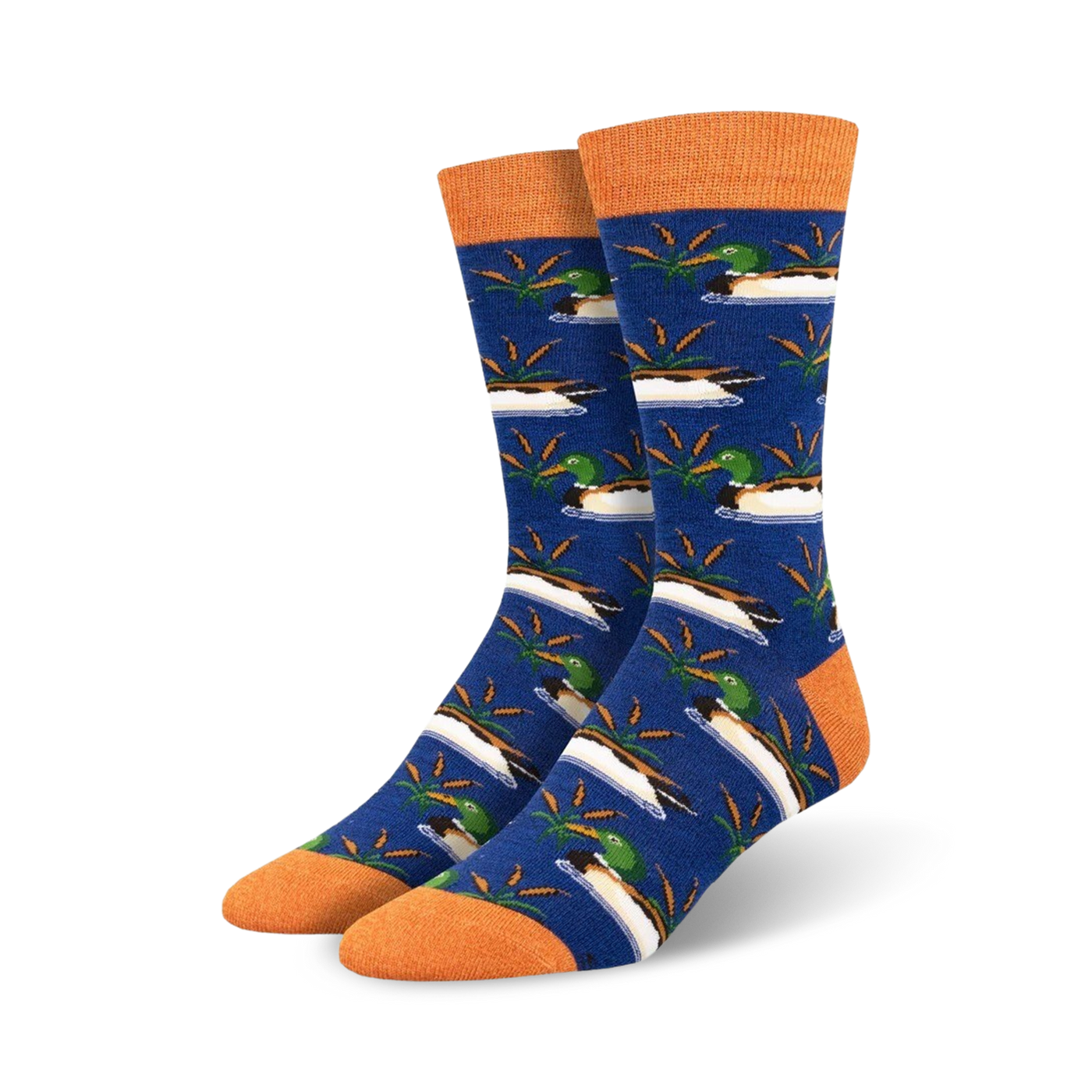 Pair of blue crew socks with an orange cuff.  The socks feature a repeating pattern of mallard ducks in a pond.