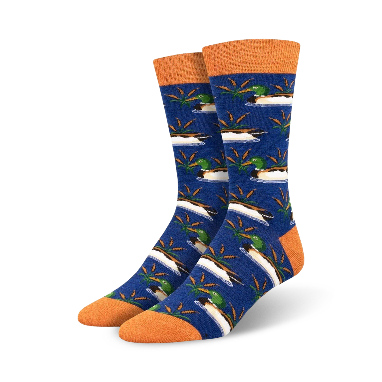Pair of blue crew socks with an orange cuff.  The socks feature a repeating pattern of mallard ducks in a pond.