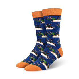 blue socks with green and orange mallards in pond. crew length for men.  