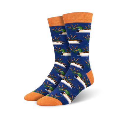 blue socks with green and orange mallards in pond. crew length for men.  