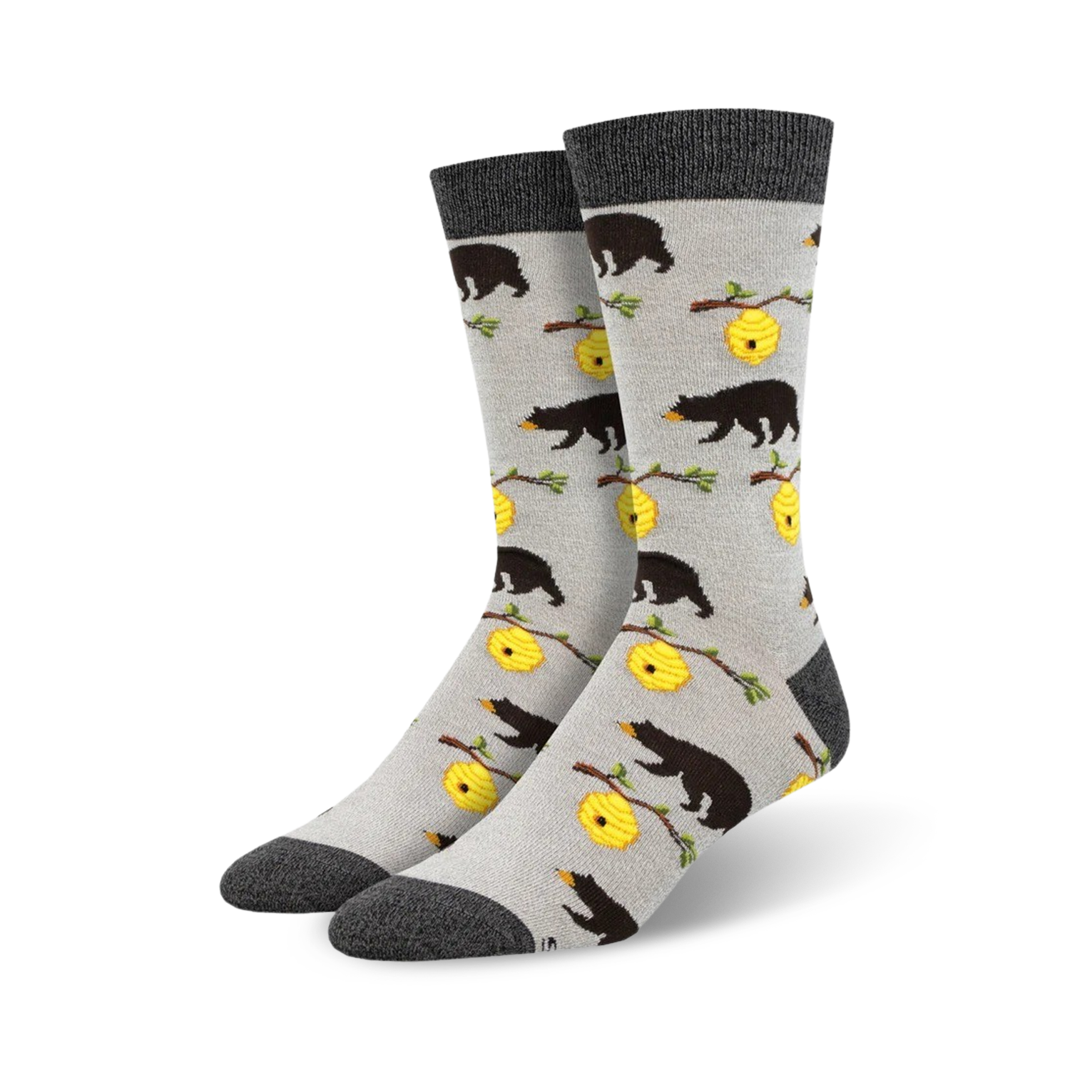 Pair of crew socks in grey and featuring black bears and yellow honeycombs on a light grey background.