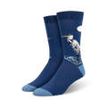 Pair of navy blue crew socks featuring a detailed illustration of a Great Egret standing in water, with a small white cloud in the upper right corner.