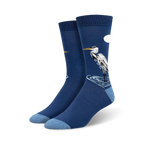 Pair of navy blue crew socks featuring a detailed illustration of a Great Egret standing in water, with a small white cloud in the upper right corner.
