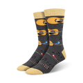 Pair of men's crew socks; dark gray with yellow acoustic guitars, birds, and musical notes.  Bamboo material.