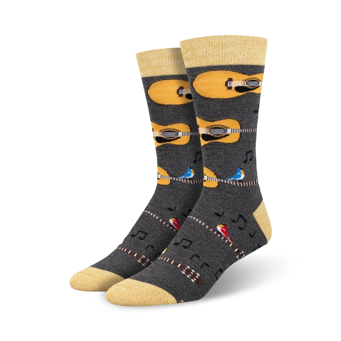 Pair of men's crew socks; dark gray with yellow acoustic guitars, birds, and musical notes.  Bamboo material.