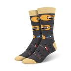Pair of men's crew socks; dark gray with yellow acoustic guitars, birds, and musical notes.  Bamboo material.