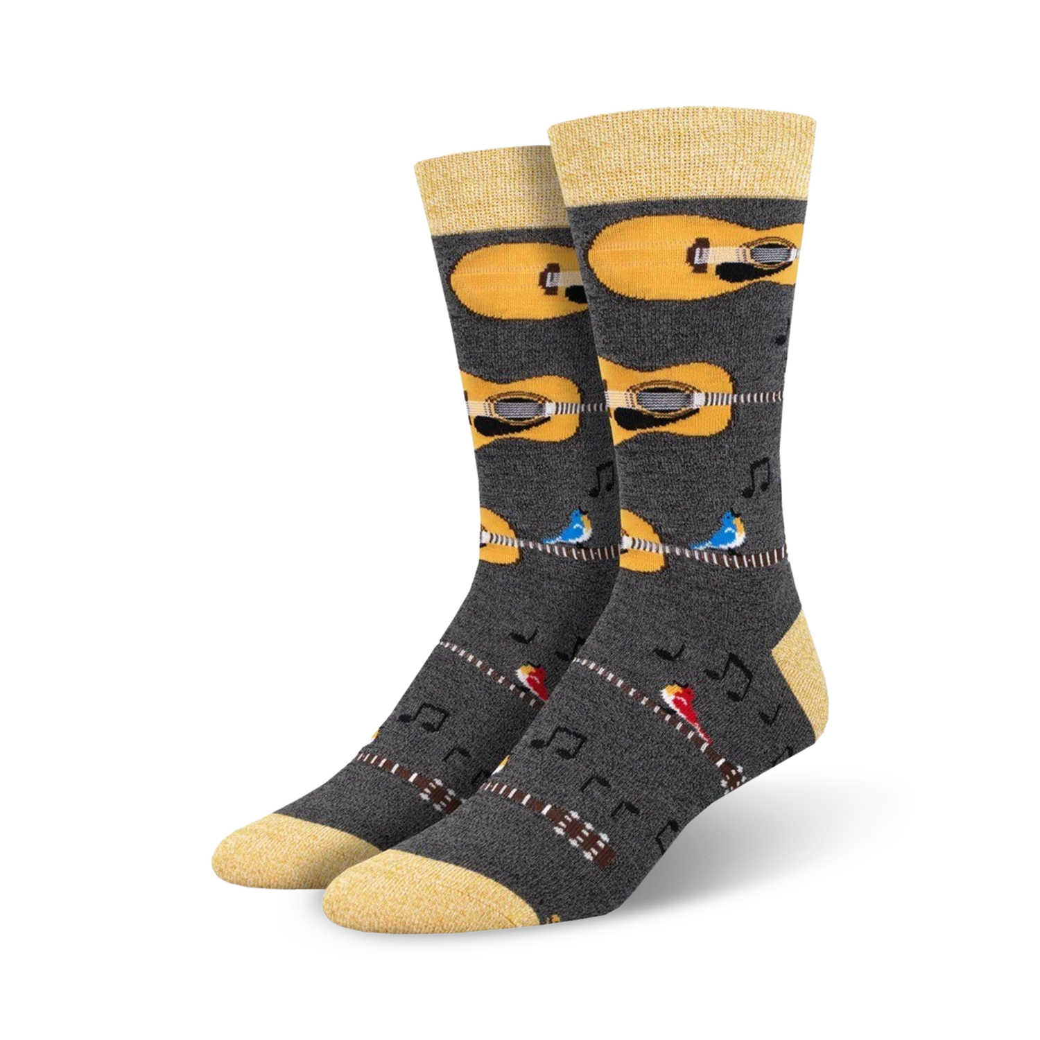 Pair of men's crew socks; dark gray with yellow acoustic guitars, birds, and musical notes.  Bamboo material.