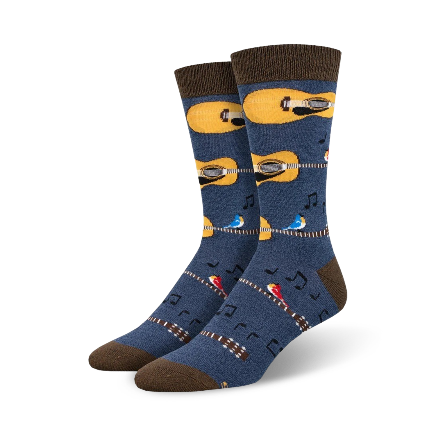 Lifestyle shot of a person's feet wearing the Nice Acoustics Bamboo socks in blue. 