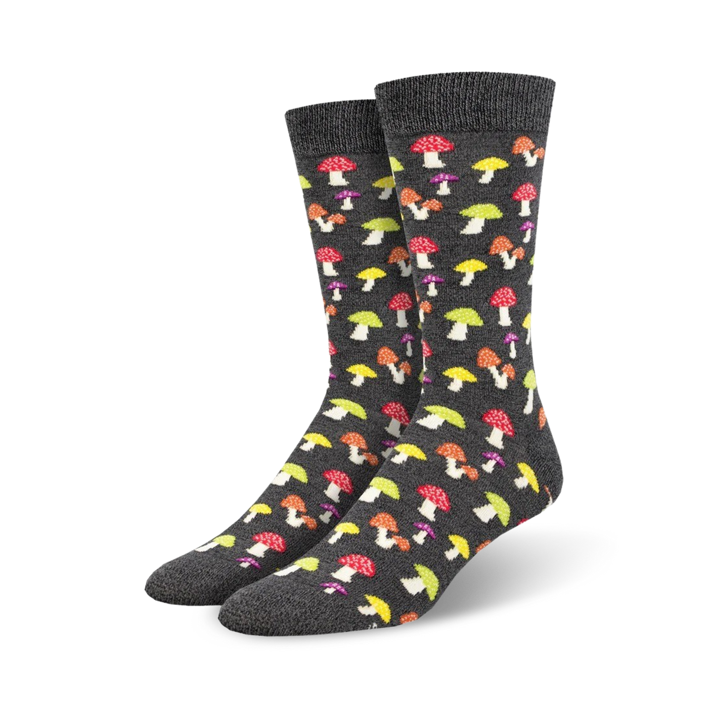 A pair of charcoal grey crew socks adorned with a colorful mushroom pattern. The mushrooms are in shades of red, yellow, and purple.
