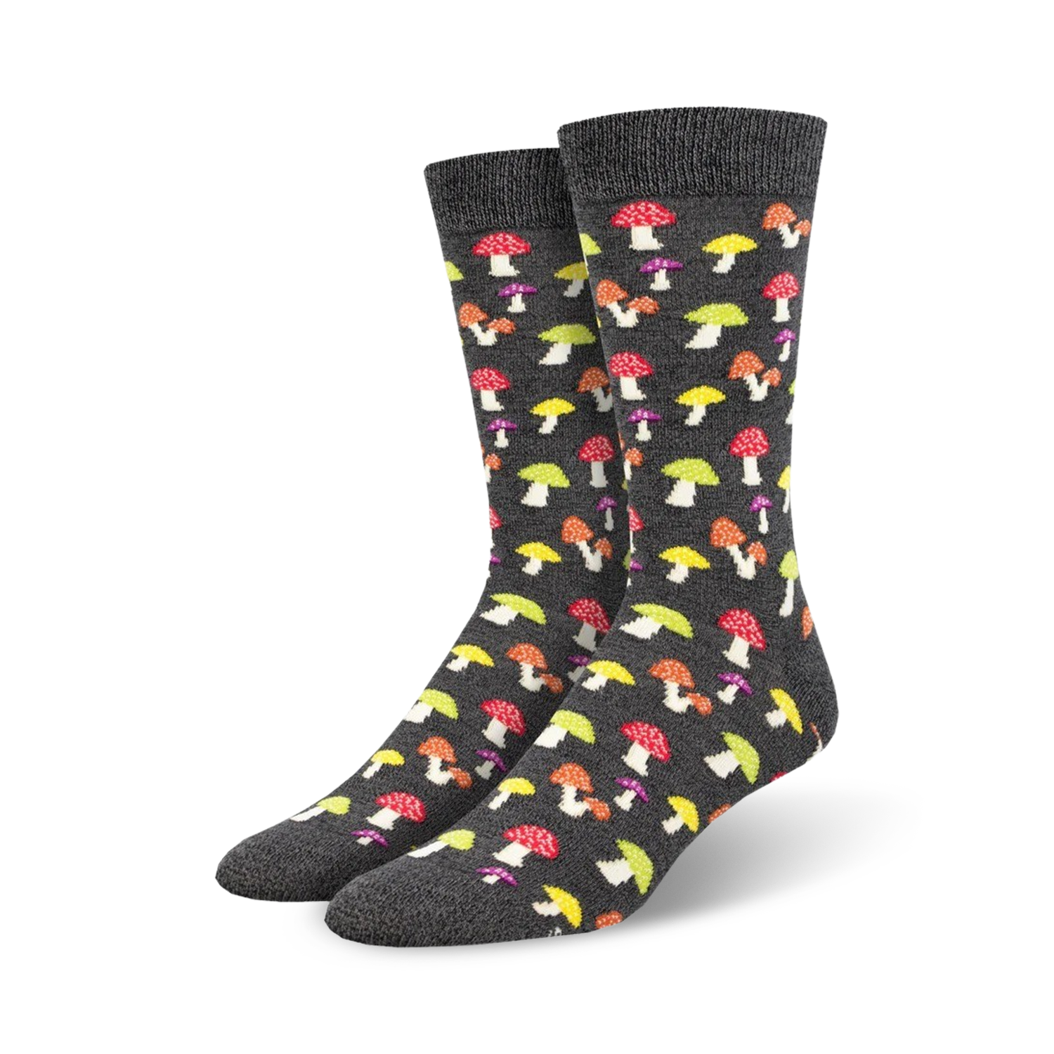 A pair of charcoal grey crew socks adorned with a colorful mushroom pattern. The mushrooms are in shades of red, yellow, and purple.