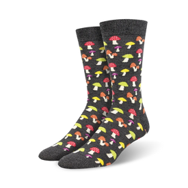 bamboo crew socks for men with a colorful, mushroom-themed pattern.   