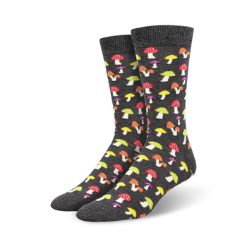bamboo crew socks for men with a colorful, mushroom-themed pattern.   