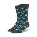 Pair of crew socks in blue with a pattern of green lily pads and frogs.  Comfortable bamboo material.