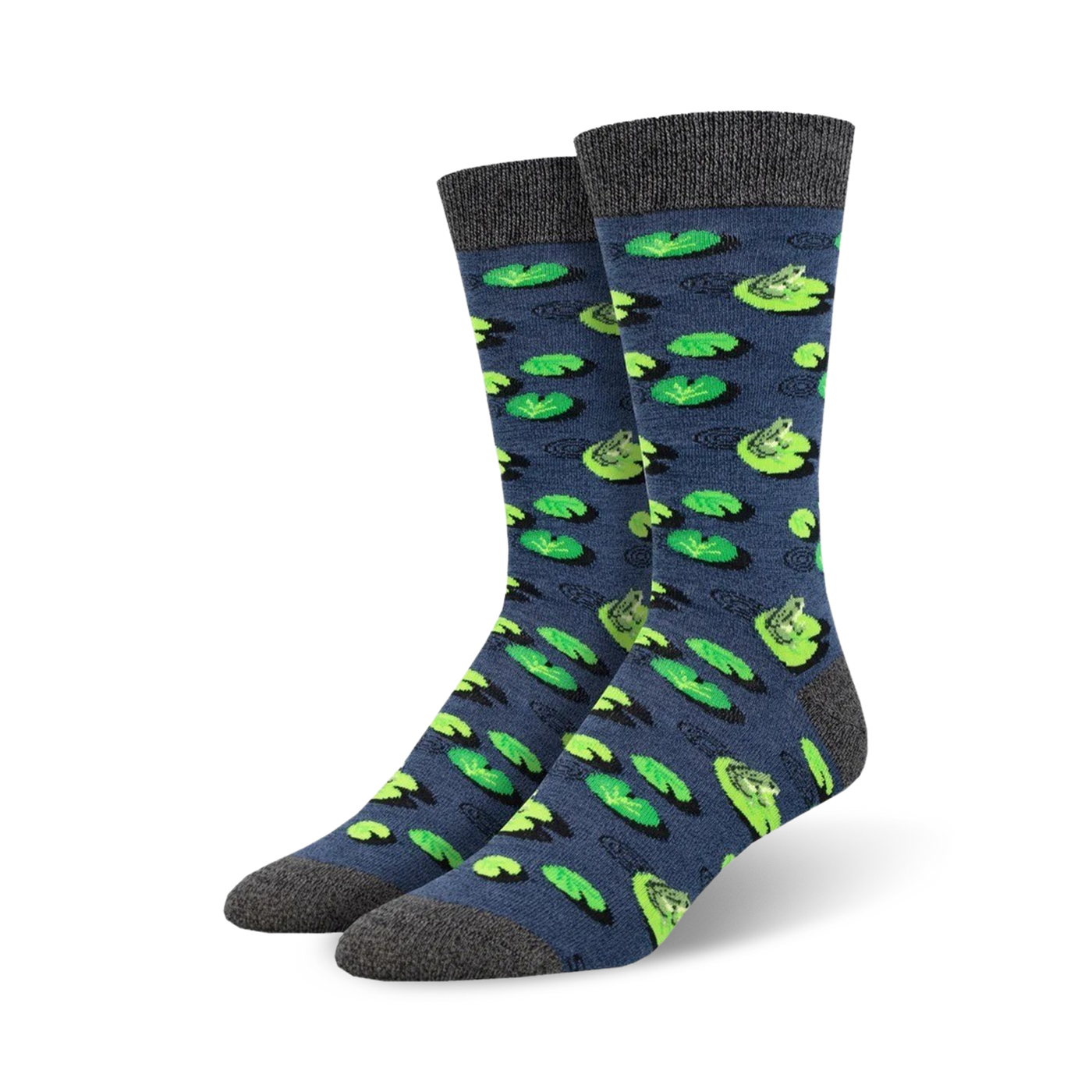 Pair of crew socks in blue with a pattern of green lily pads and frogs.  Comfortable bamboo material.