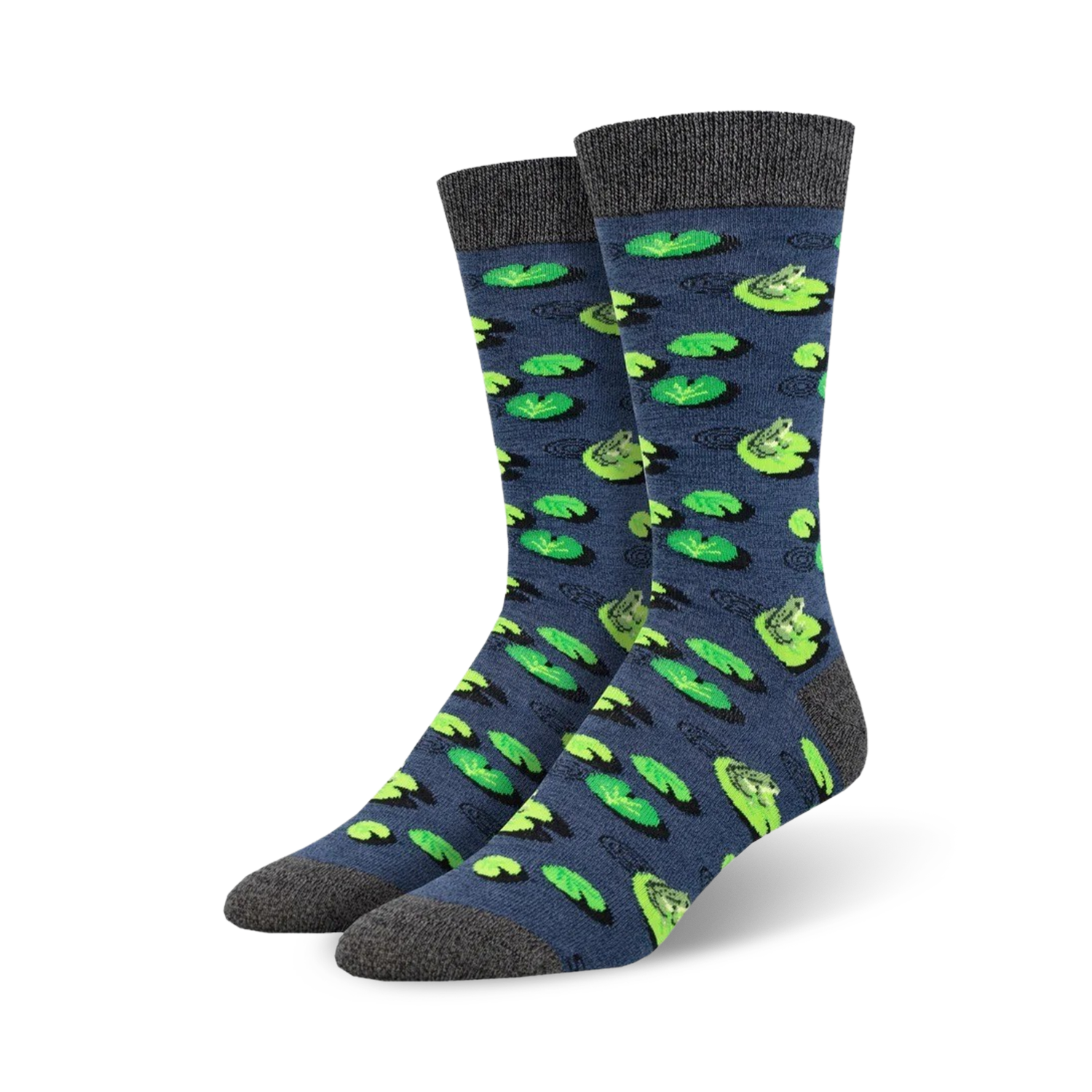 Pair of crew socks in blue with a pattern of green lily pads and frogs.  Comfortable bamboo material.