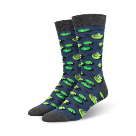 dark blue leaping lily pads bamboo crew socks with green lily pads and lime-green frogs.   